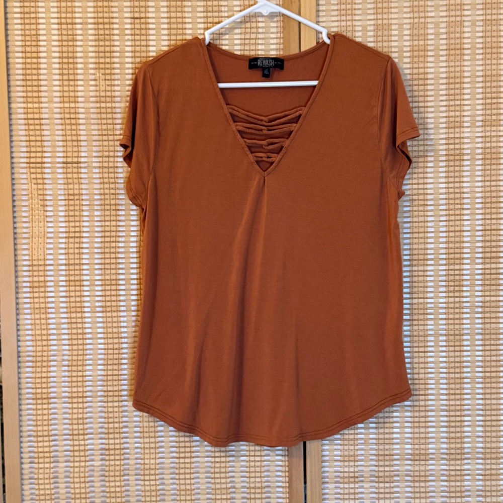 Rewash Womens XL Rust Terracotta Strappy V-Neck Short Sleeve Top Western Boho
